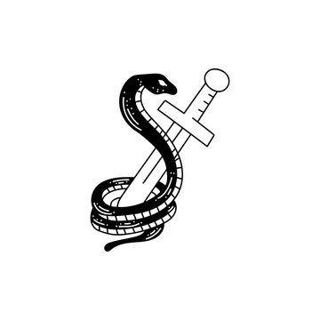 Snake and Dagger, Serpent wraps around a sword vector vintage tattoo, Roman god Mercury, luck and trickery, allegorical logo or emblem of ancient symbol.