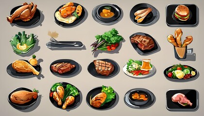 Game icons featuring food and vegetables on black background