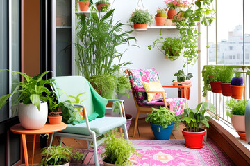 Fototapeta na wymiar Cozy green ecology balcony with plants and two armchairs of vibrant gentle calming colourful