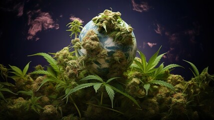Planet Earth with cannabis, Universe with marijuana plants, buds and leaves, earth in space with cannabis
