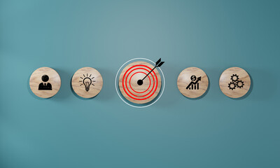 woods block step on table with icon Action plan, Goal and target, success and business target...