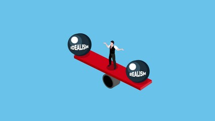 businessman balancing a board with symbols of idealism and realism