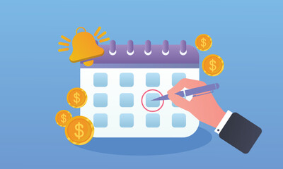 Payment Concept payment date Calendar with dollar sign and bell icon.on blue background.Vector Design Illustration.