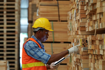 Worker are working at lumber yard in Large Warehouse. Worker are  working.on woodworking machine,...
