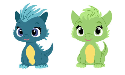 Cartoon cute dragons in flat style. Little dragon isolated on white background. Baby dragon characters. Vector illustration.
