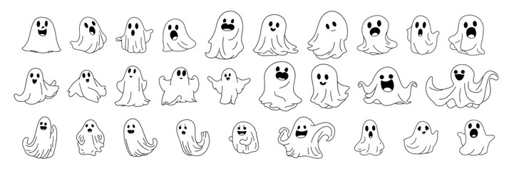 Big set of hand drawn doodle ghosts. Halloween ghost silhouette  set, Outline ghost collection. Vector illustration. Line art ghost