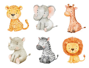 Cute sitting cheetah, lion and elephant. Watercolor illustrations for kids. Safari animals set - obrazy, fototapety, plakaty