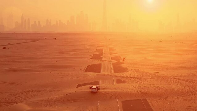Aerial shot. Couple in the car, stands on the road after sandstorm. Silhouette Dubai city at the sunset.
