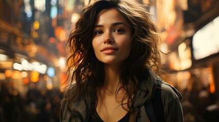 Obraz premium Beautiful young woman on the street against the backdrop of the city