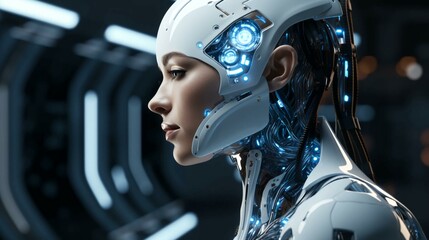 Fototapeta premium The face of a robot woman and a futuristic hybrid of human and artificial intelligence