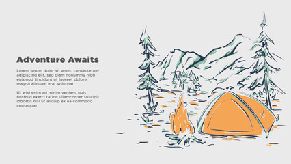 adventure awaits concept. camping tent with bonfire mountins background. rough hand drawn style vector illustration