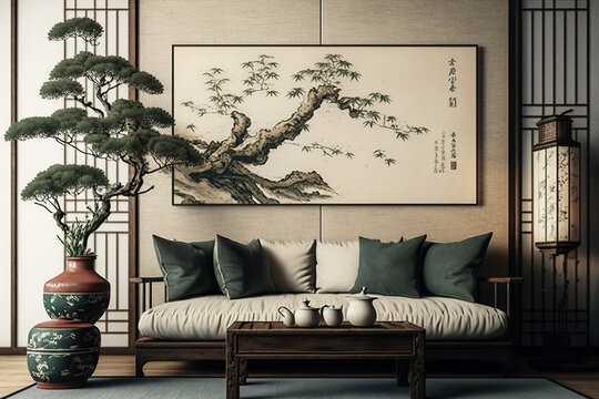 Chinese living room interior includes traditional furniture, a wooden sofa seat, vintage baggage, a bonsai tree from Japan, a tea set, porcelain, and artwork in a realistic contemporary design
