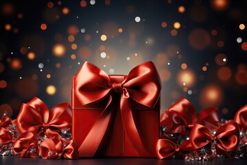 A Christmas background image for creative content, highlighting a wrapped present with a red ribbon, set against a backdrop of blurred holiday lights. Photorealistic illustration, Generative AI