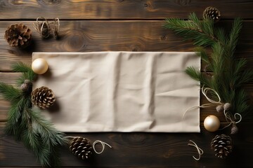 A rustic Christmas background image for creative content, showcasing a piece of white fabric for your design, adorned with fir branches and pinecones. Photorealistic illustration, Generative AI