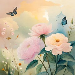 Watercolor Various Flowers Butterfly Rose Peony Scenery.AI generated