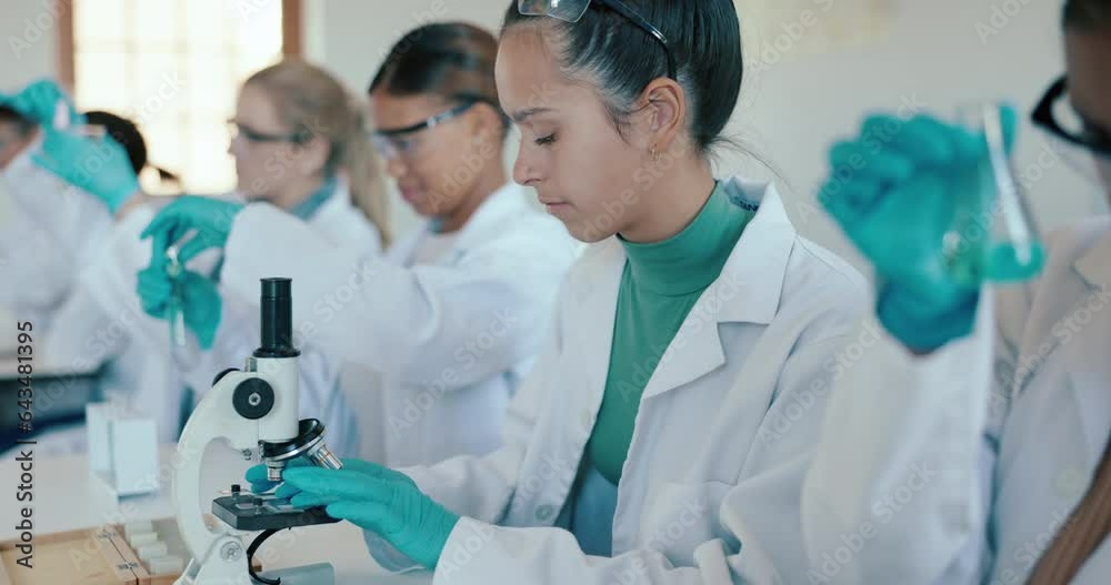 Aufkleber University, science and students in laboratory with microscope for learning, lesson and practical. Chemistry, microbiology and girl with equipment for sample study, education and research at school
