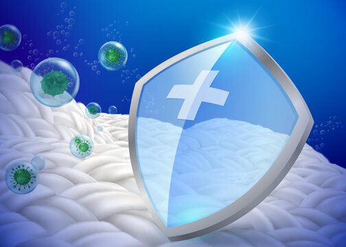 Prevents bacteria and viruses on fabric fibers. Makes the clothes not smell musty. Realistic vector illustration.