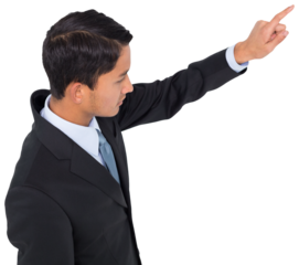 Digital png photo of biracial businessman using virtual interface on transparent background