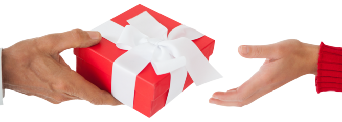 Digital png photo of hands of couple exchanging christmas gift on transparent background