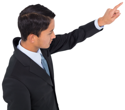 Digital png photo of biracial businessman using virtual interface on transparent background