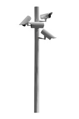 Digital png illustration of white surveillance cameras on pole on transparent background