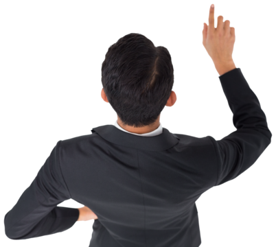 Digital png photo of focused asian businessman using virtual interface on transparent background