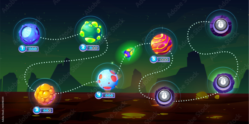 Poster space game ui level map with imaginary alien planets on way to finish line and player rocket. cartoo
