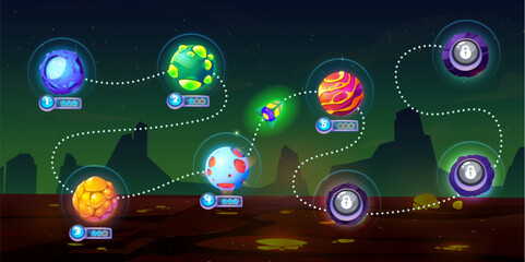 Space game ui level map with imaginary alien planets on way to finish line and player rocket. Cartoon vector illustration of gaming dotted route with steps marked with mysterious cosmic orbs.