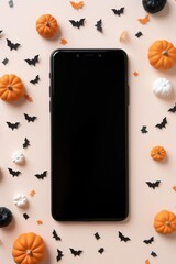 Big phone mock up white empty blank screen template Happy Halloween pumpkins background, Haloween mobile digital online shopping cellphone app sale promotion offer application ads, smartphone mockup.