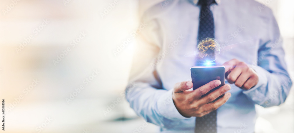 Poster hologram, phone and hands of business person online for connection, social media and mobile app. moc