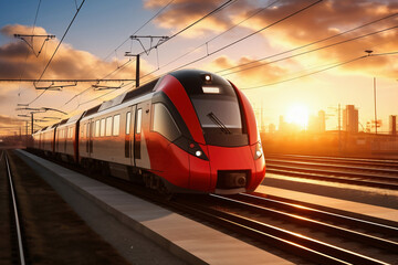 Fototapeta premium A red and white train traveling down train tracks. High-speed suburban train at sunset.