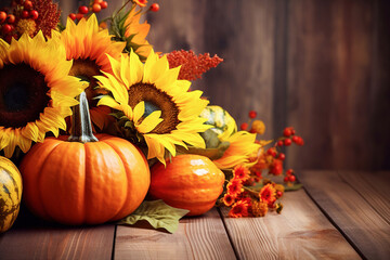 Naklejka na ściany i meble Thanksgiving Still Life with pumpkins and sunflowers