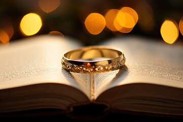 Intertwined Wedding Rings Rest upon a Bible with a Golden Bokeh Background. created with Generative AI
