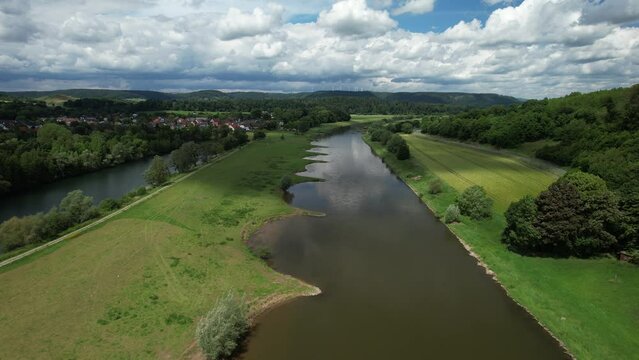 The Weser near Wehrden, town of Beverungen in the district of Hoexter seen from the air, North Rhine-Westphalia, Germany, Europe