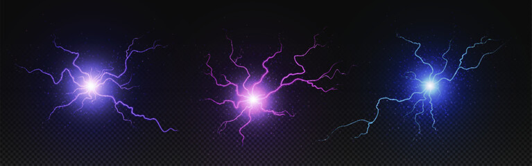 Obrazy na Szkle  Realistic circle electric bolt energy explosion. Lightning power ball with spark vector effect isolated on background. 3d thunder discharge. Purple, pink and blue thunderbolt flash neon laser glow