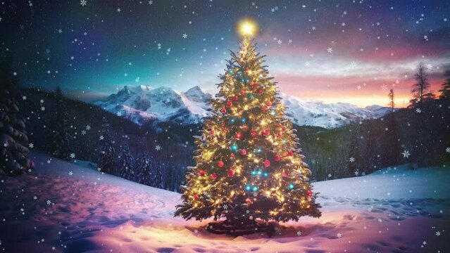 Christmas Delight: Xmas tree in the Snowy Landscape and Twinkling Lights - Decorated Christmas Tree in a Snowy Landscape