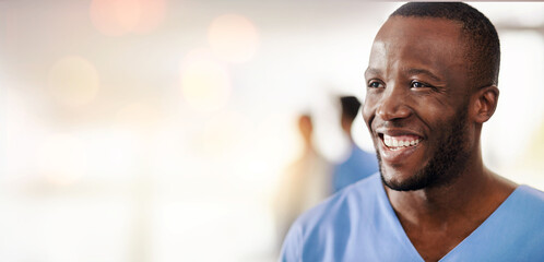 Black man, doctor and thinking in clinic with space for mockup, healthcare and wellness with bokeh....