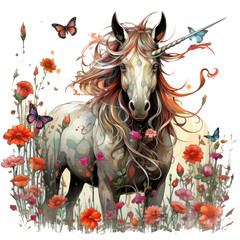 Obraz na płótnie Canvas Watercolor Cute unicorn with flowers and butterflies T-shirt Design, Amidst a sunlit meadow, the unicorn stands as a symbol, Generative Ai