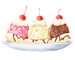 Banana split ice cream dessert food illustration.