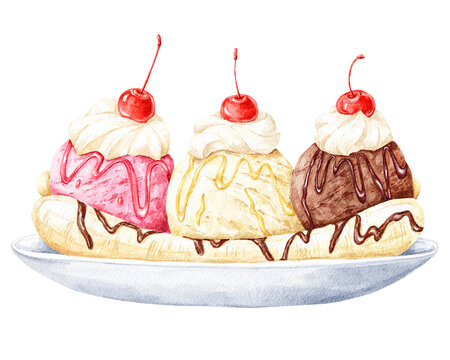 Banana split ice cream dessert food illustration.