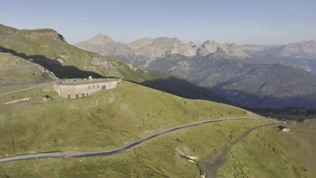 Assietta ridge road at Colle Basset, behind the Alps in the Italian-French border area, aerial view, drone shot, Sauze d'Oulx, Piedmont, Italy, Europe