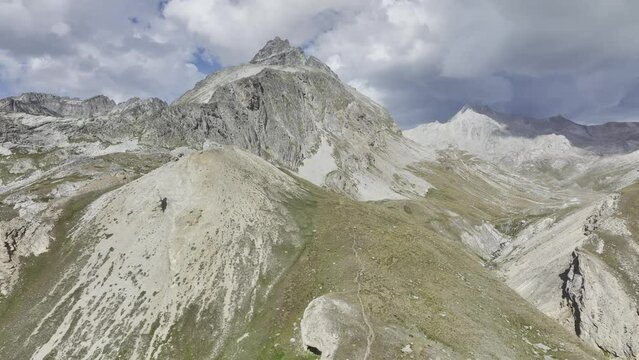 Mountains at Colle Sommeiller, also Col du Sommeiller, Alps in the French-Italian border area, aerial view, drone shot, Bardonecchia, Piedmont, Italy, Europe