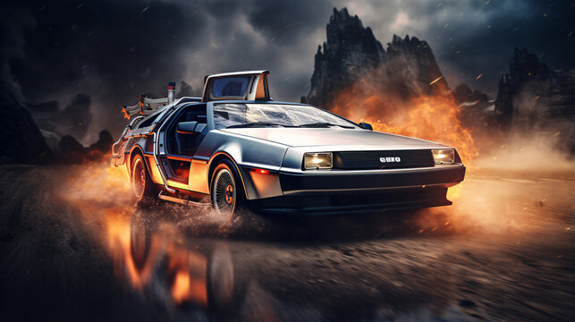 Fototapeta DeLorean driving through the storm
