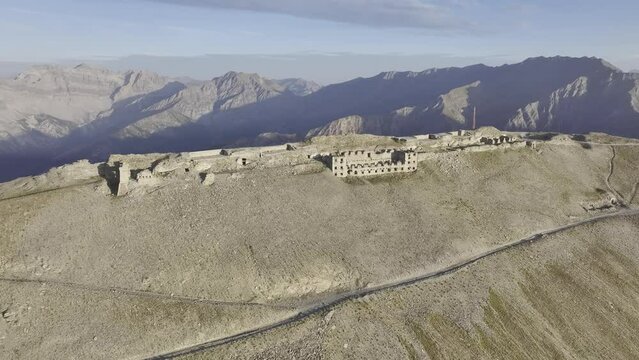 Forte Jafferau, World Wars military fortification at the summit, drone shot, aerial view, Monte Jafferau, Bardonecchia, Piedmont, Italy, Europe