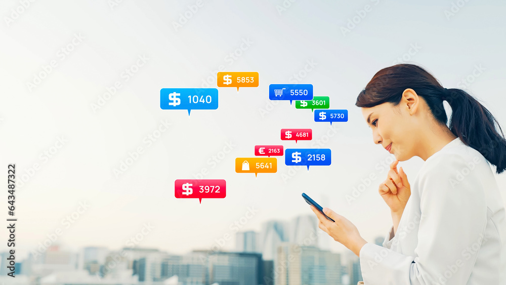 Poster スマホを使う女性と金融テクノロジー　電子マネー　キャッシュレス決済