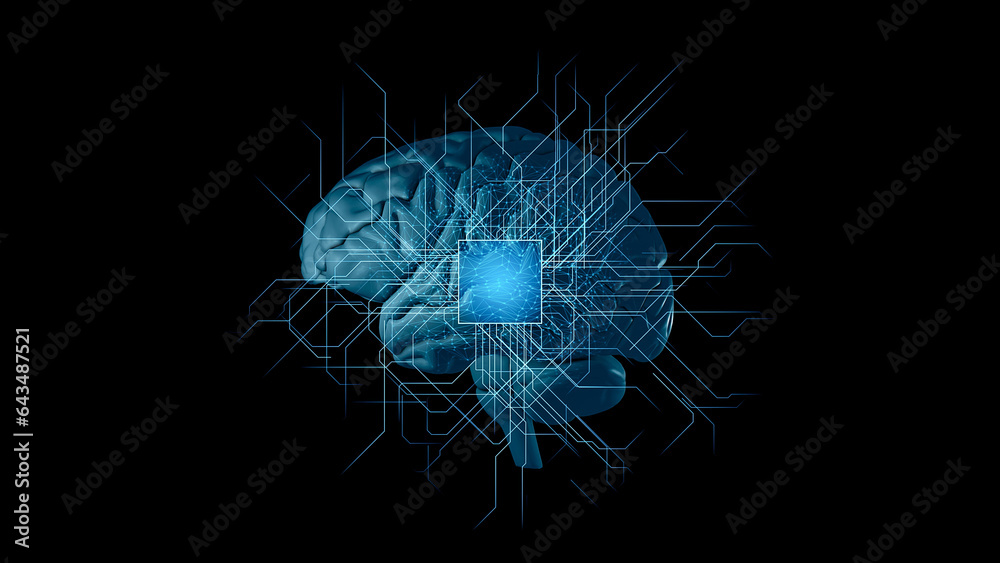 Poster human brain and computer chip. ai (artificial intelligence) concept.