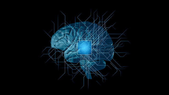 Human brain and computer chip. AI (Artificial Intelligence) concept.