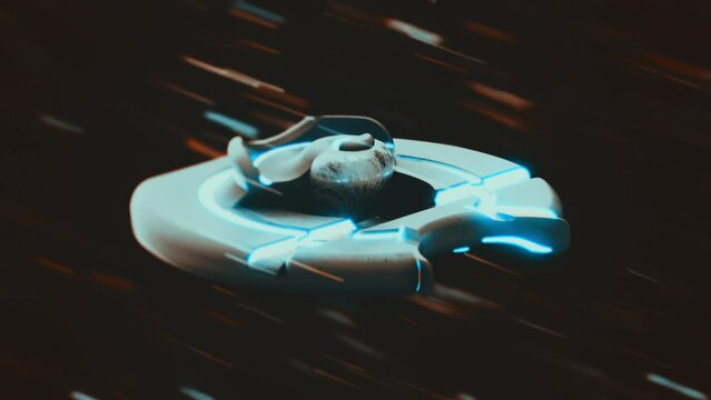 Cinematic Alien Spaceship flying in Hyperspeed 3D Render. Original Design space vessel.