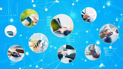 様々なモバイルデバイスを使う人々と通信ネットワーク © metamorworks