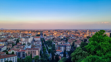 Aerial view of historic medieval walled city of Bergamo seen from Città Alta (Upper Town),...